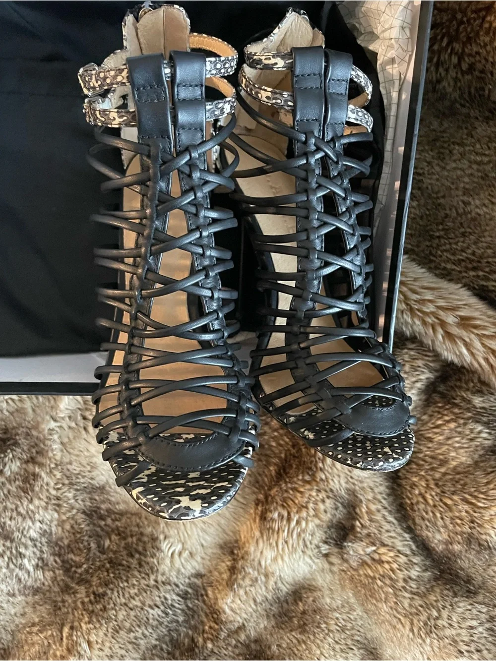 L.A.M.B. Black/Snake print stiletto cage style heels; 7; leather - Picture 4 of 8